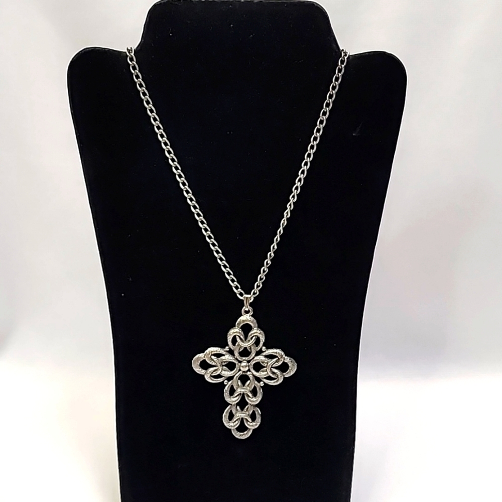 Sarah Coventry Brushed Silver Tone Large Cross Pendant Necklace